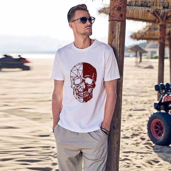 

men's t-shirts summer personality craftsmanship diamond shiny skull chic t-shirt fashion round neck exquisite cotton short sleeves, White;black