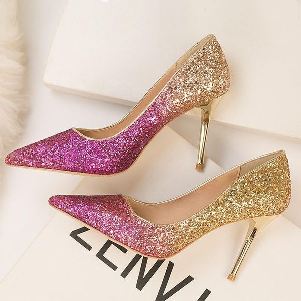 

dress shoes mariahzheng 9cm women's high-heeled shallow mouth pointed toe gradient sequins thin nightclub zwm, Black