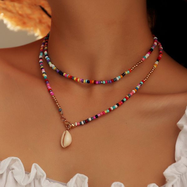 

necklaces pendants bohemian colorful seed bead shell choker statement short collar clavicle chain for women female boho jewelry, Silver
