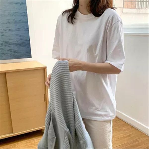 

solid white basic stylish students short sleeves all match girls summer brief loose casual t-shirt 210421