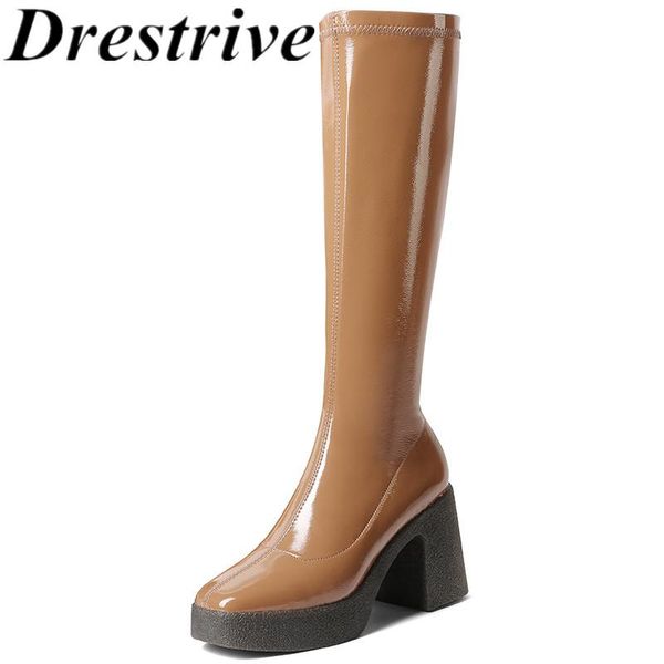 

boots drestrive patent leather knee high thick heels zipper women winter shoes platform black size 34-41 square toe 2021 fashion