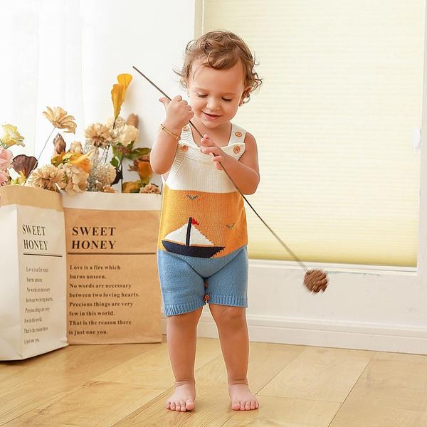 

pullover 2021 baby boy girl knitted rompers jumpsuit summer born clothing kids overalls toddler sleeveless knit one-piece clothes, Blue