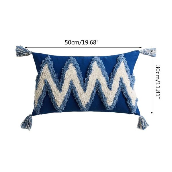 

pillow case 30x50cm boho morocco lumbar throw white blue geometric pattern woven tufted tassels rectangle cushion cover