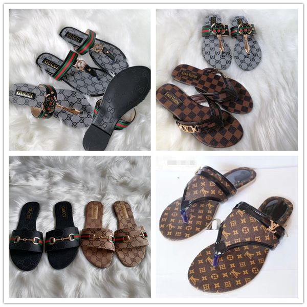 

wholesale 24 styles louis beach leather slippers men women vitton thong sandals slides flat flip g flops channel sho, Black