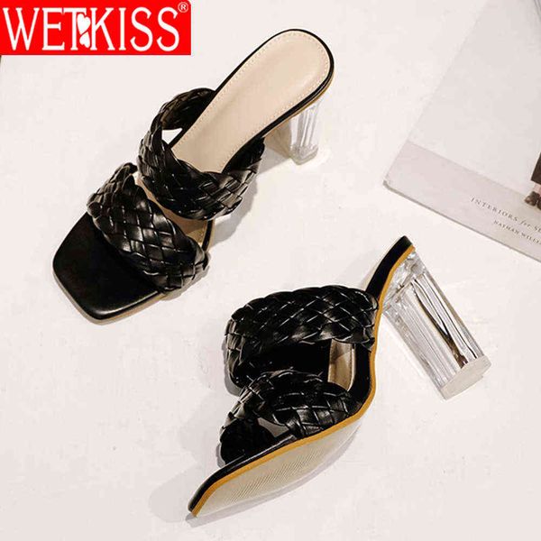 

wetkiss clear heels women woven slippers block high heels mules shoes casual slides sandals ladies summer outside slippers 210630, Black