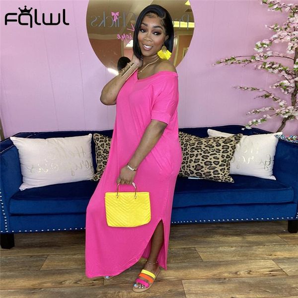 

casual dresses fqlwl summer streetwear blue black v neck plus size dress women short sleeve baggy maxi side slit ladies, Black;gray