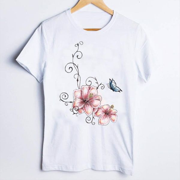 

tees print butterfly style womens t shirts harajuku short sleeve flower 90s clothes lady clothing female, White
