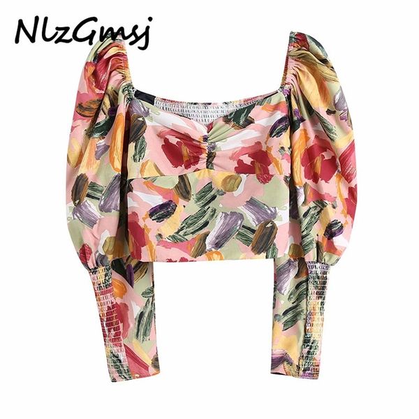 

blouse women summer print long sleeve shirt female chic back elastic waist short blouses clothing 210628, White