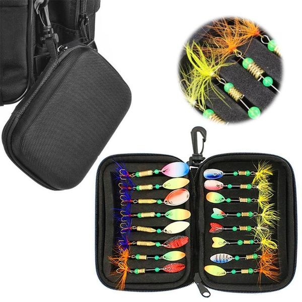 

fishing accessories 16pcs durable spinner composite baits hooks metal sequin spoon lures with eva hard shell storage carrying case bags