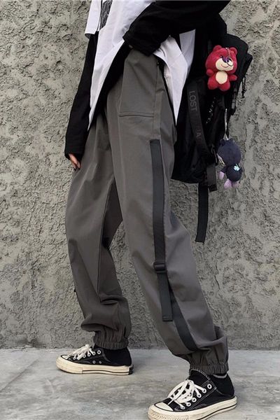 

women's pants & capris lychee girls dark solid color tape women jogger loose autumn lady trousers vintage elastic waist cargo, Black;white