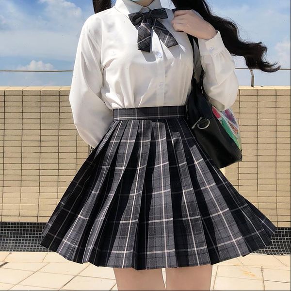 

[smoky women skirts gray] girl summer high waist pleated plaid female dress for jk school uniform students cloths, Black