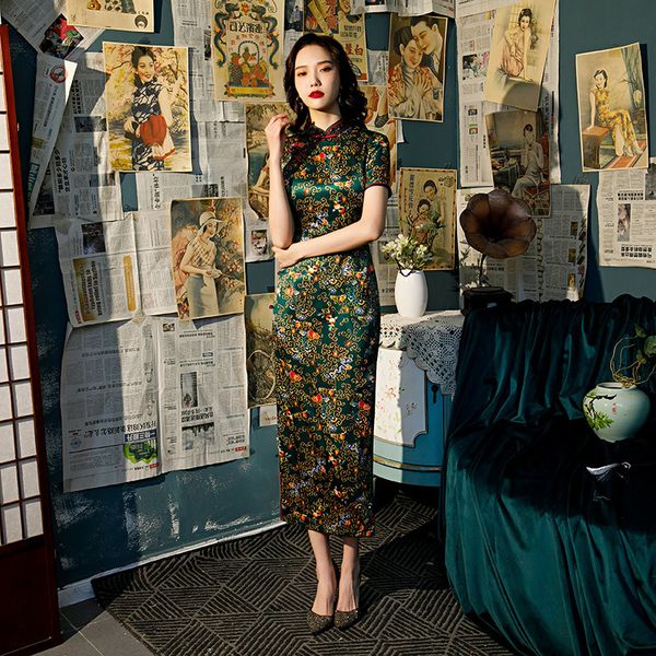 

satin printed short sleeve cheongsam traditional chinese chinese ladies qipao silm novelty long dress, Red