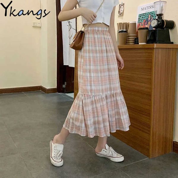 

vintage plaid high waist pleated cake skirts women streetwear long skirts for teenager korean wild chic ladies bottoms summer 210619, Black