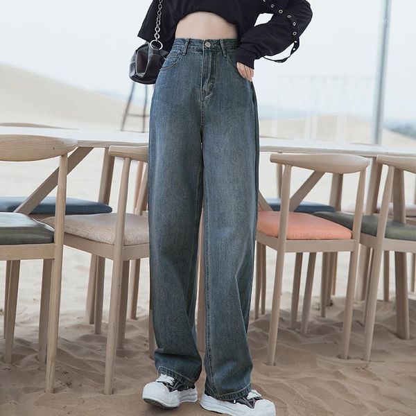 

women's jeans varofi waist shows thin wide leg women retro straight drape feel dad pants woman y2k, Blue