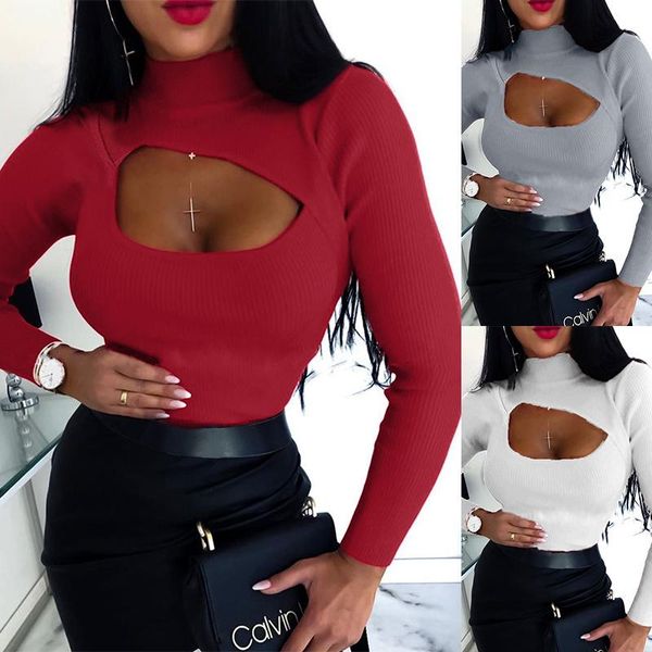 

women's t-shirt solid color thin stand collar long sleeves hole style women shirt spring casual all-matching clothing, White