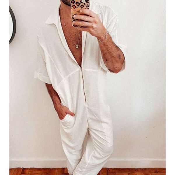 

2020 new men's casual capris solid color lapel loose zipper straight tube tooling one piece suit, Blue