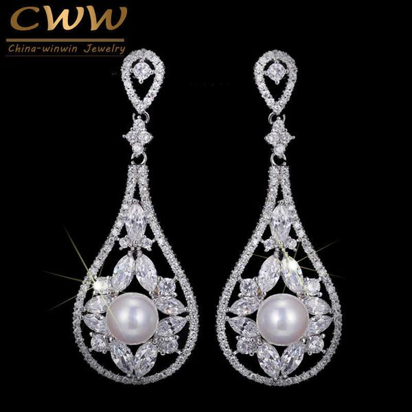 

white cz stones pave hanging vintage bridal long drop pearl earrings for wedding brides jewelry gift cz213 210714, Silver