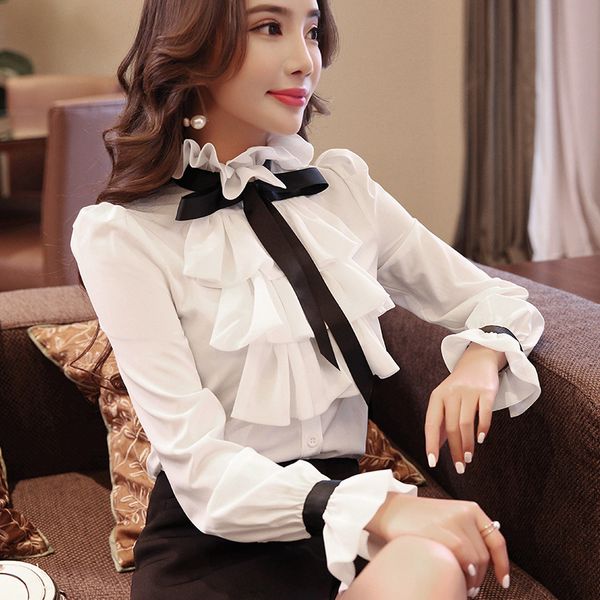 

sweater autumn chiffon blousewomen ruffles solid color office lady bow tie shirt flare sleeve women clothing ggwf, White;black