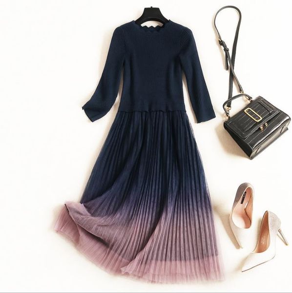 

dresses autumn european and american women's wear 7 minutes of sleeve knitting patchwork pleat mesh fashion dress 2jln, Black;gray