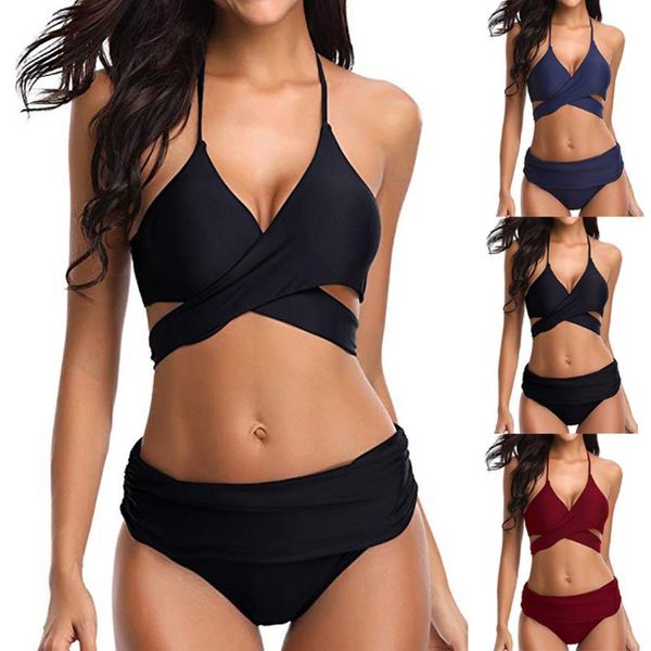 

bandage bikinis high waist swimsuits women push up swimwear strap bathing suit biquini brazilian bikini 2021 beachwear women's, White;black