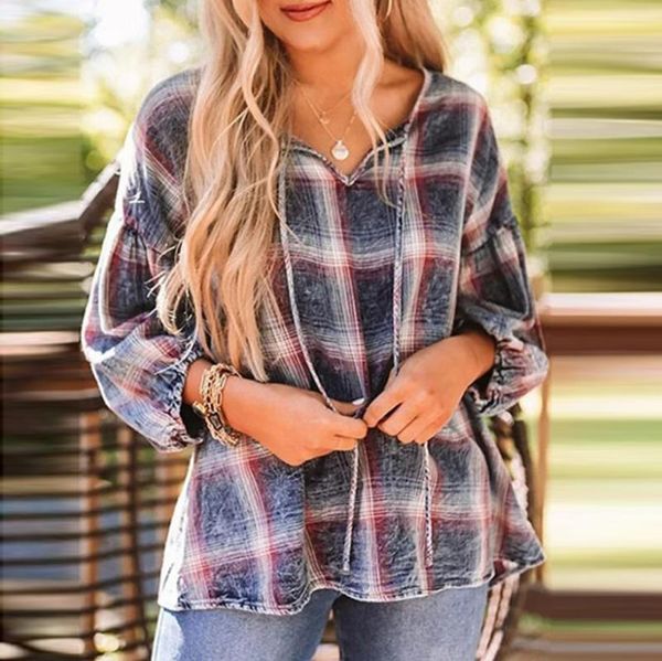 

women's blouses & shirts feitong plaid print womens checked shirt casual knot v neck loose long sleeve pullover female blusas, White