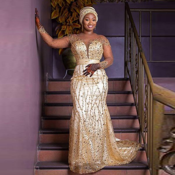 

aso ebi luxury prom dresses sequins see-through round neck long-sleeved mermaid party dress banquet formal evening gowns, Black