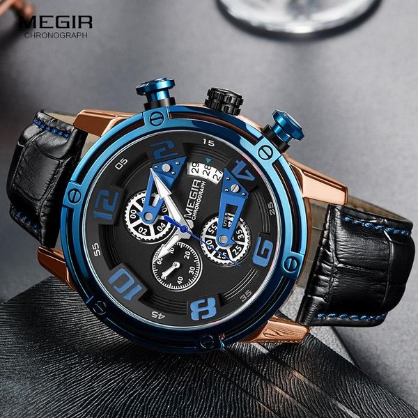 

wristwatches megir men's sports quartz watches leather strap chronograph military wristwatch man swatch relogios masculino 2078 blue, Slivery;brown