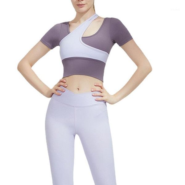 

yoga outfit spring and summer women patchwork t shirts chest pad quick dry tight running training gym fitness workout sportswear