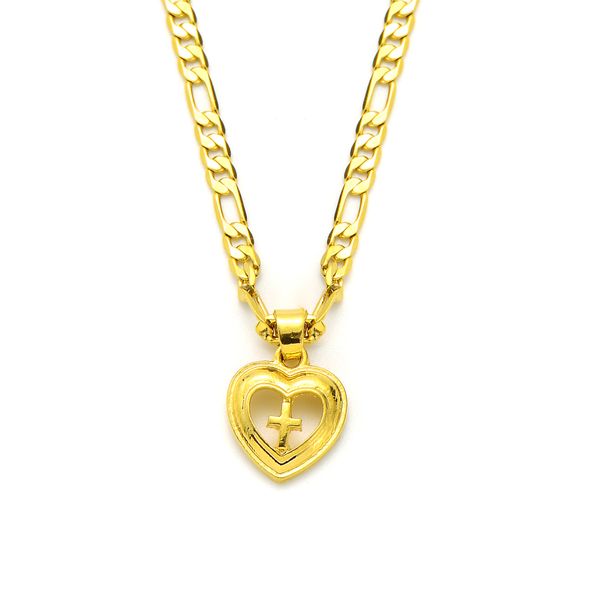 Ciondolo a croce a cuore in oro giallo massiccio 14k GF Collana a catena a maglia Figaro italiana 24 