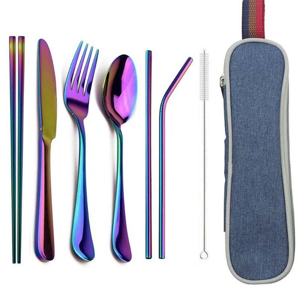 

dinnerware sets rainbow set for travel portable 8pcs knife fork spoon with bag cutlery 304 stainless steel tableware