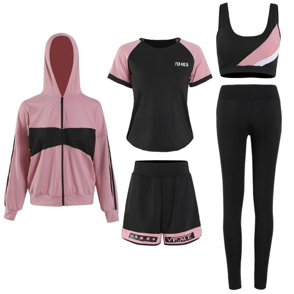 

yoga outfits brand fitness women 5 in 1 set patchwork sport bra & pants hoodies jacket gym clothes sportswear outdoor jogging, White;red