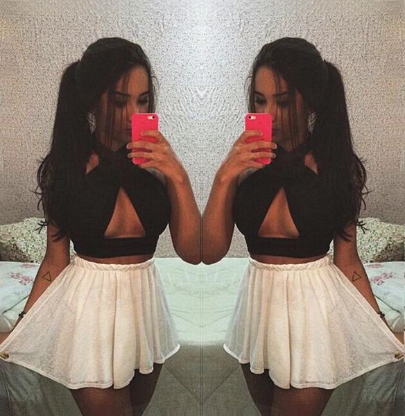 

crop strappy cross womens t shirt over front cut out halter neck bandage vest summer woman clothes, White