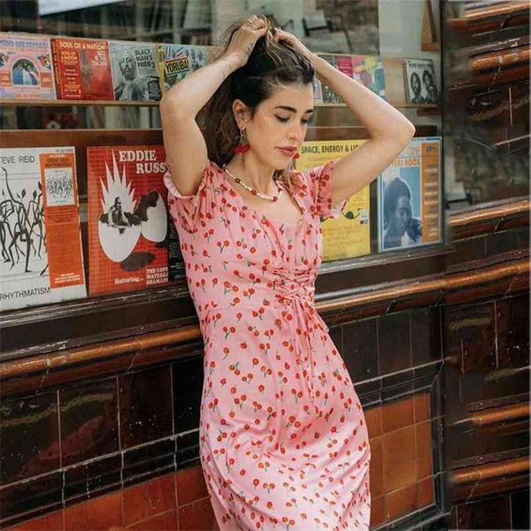 

cherry print satin dress summer lace up vintage maxi pink long women elegant a-line retro fruit 210427, White