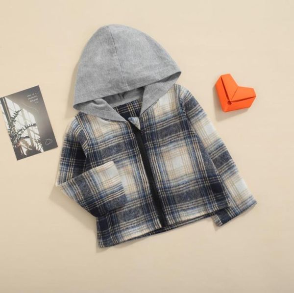 

jackets kids autumn winter plaid hoodie coats splicing hooded long sleeve zip-up casual coat for girls 2-7 years, Blue;gray