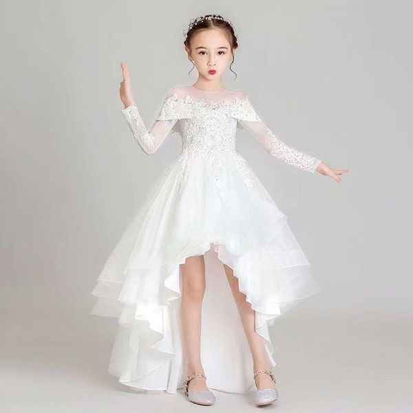 

flower girl dresses lace baby girl infant dress kids formal wear high low long sleeve white, White;blue