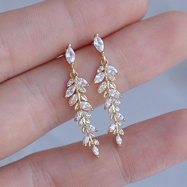 

charm leaves earrings for women exquisite tiny zirconia stud earring elegant korean crystal wedding ringen pendant dangle & chandelier, Silver