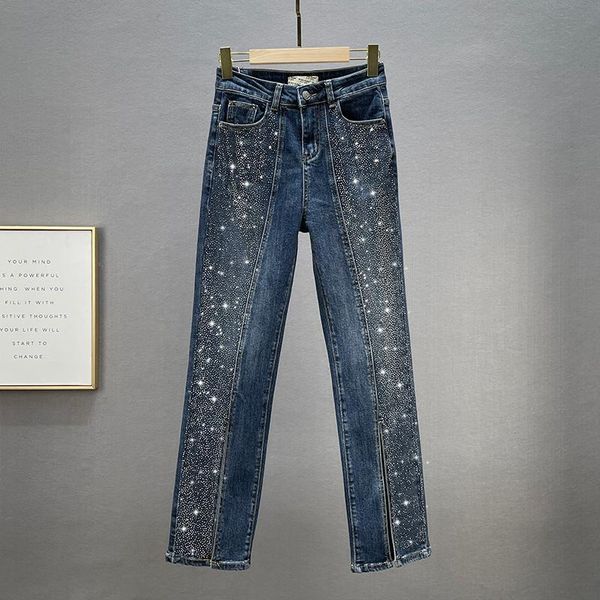 

women's jeans fashion 2021 autumn winter high waist loose straight-leg pants casual drilling jean female trousers, Blue