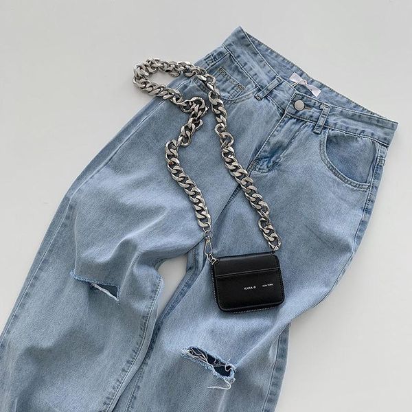 

women's jeans high waisted wide leg women casual holes fashion long denim pants trouser femme blue korean style cotton bottoms