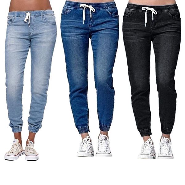 

women casual jogger pants drawstring elastic waisted jeans solid ladies denim slim leggings women's, Blue