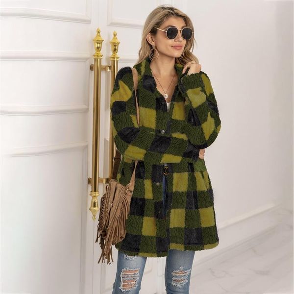 

women's wool & blends autumn winter warm plaid furry coats women lapel single breasted fake fur jackets office lady chic casual loose f, Black