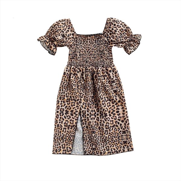 

summer kids girls casual girl dress long brown leopard printed pattern short sleeve square collar clothes, Red;yellow