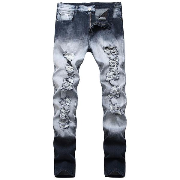 

men's jeans wear hole stretch light color two casual slim pants, Blue
