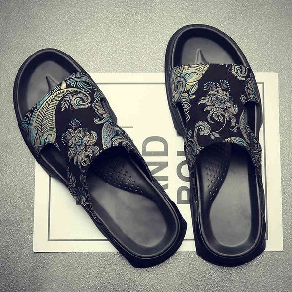 

slippers net red embroidered slippers men's summer soft soles wear trend casual beach shoes sandals flip flop 8hu8, Black