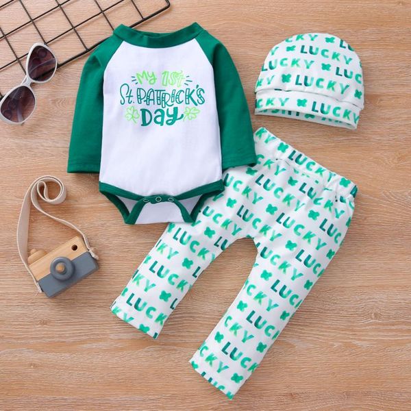 

clothing sets baby romper girls clothes winter long sleeve st.patrick's day patchwork letter print bodysuit+letter pants set, White