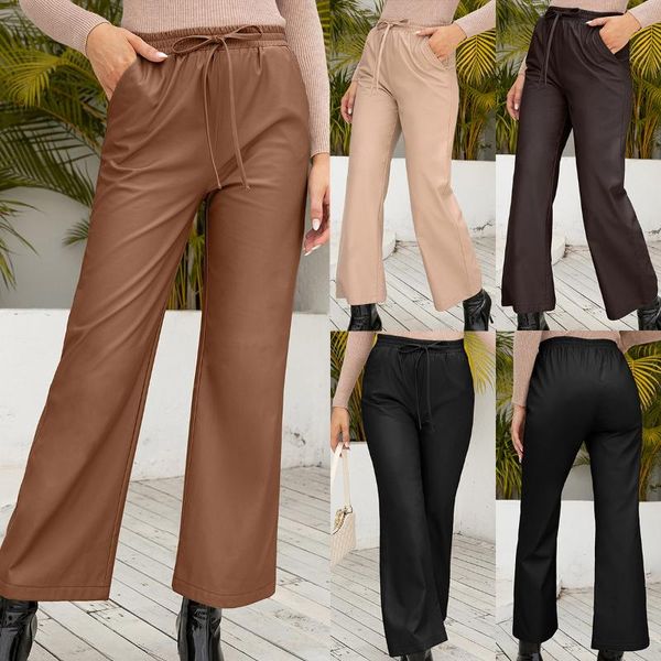 

women's pants & capris pu motorcycle leather wide leg high waist pocket autumn and winter fashion loose casual women, Black;white