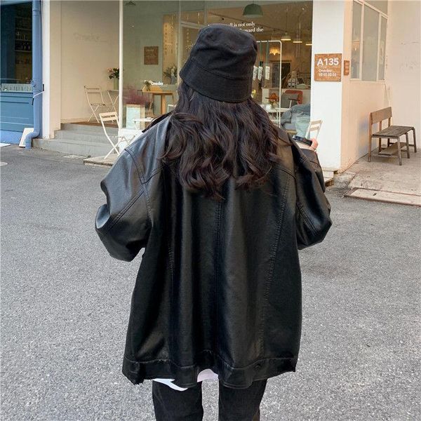 

casual black leather jacket women thin loose moto female 2021 spring fashion streetwear lady outerwear biker coats women's & faux