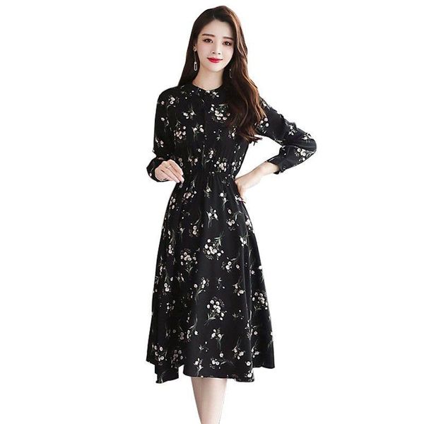 

casual dresses printed women's long sleeves elegant party autumn leisure received waist ss758, Black;gray