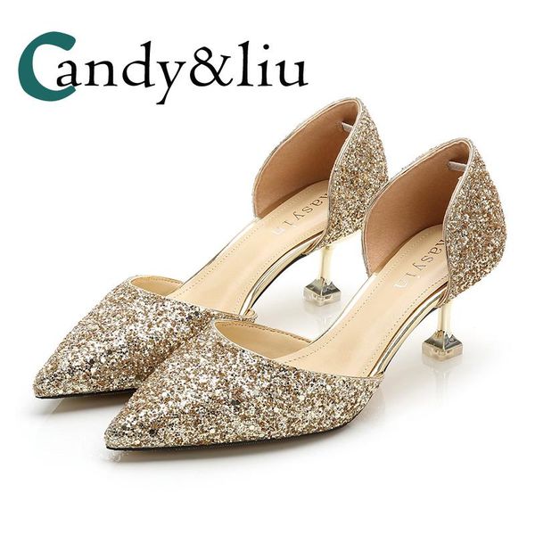 

sequine wedding shoes pointed toe slip-on thin heel open women sandal for party banquet evening dress reception lady pumps sandals, Black