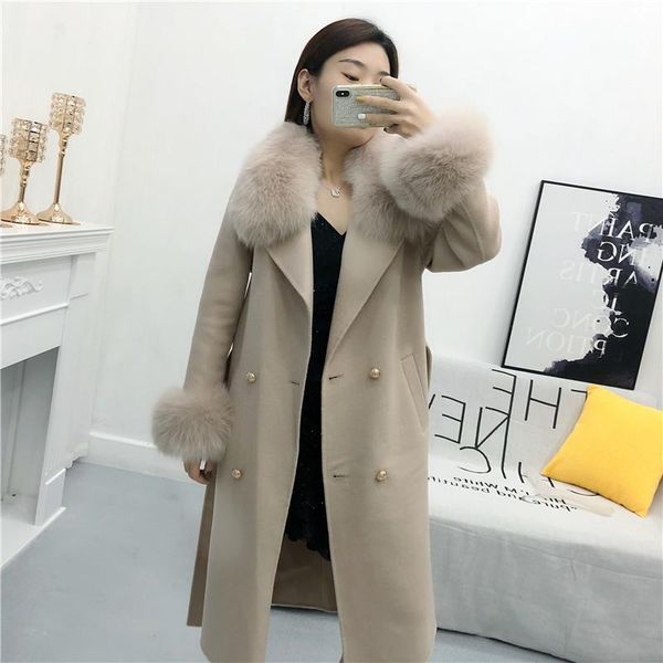 

women's fur & faux 2021 cashmere blend coat with genuine hood collar wool long for women customed, Black