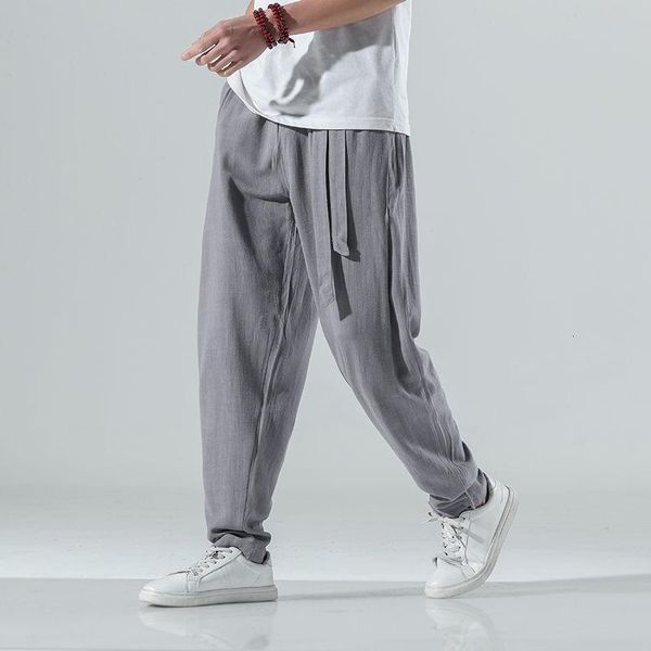 

men's pants chinese style small feet solid radish loose linen cotton casual four seasons trousers plus size, Black